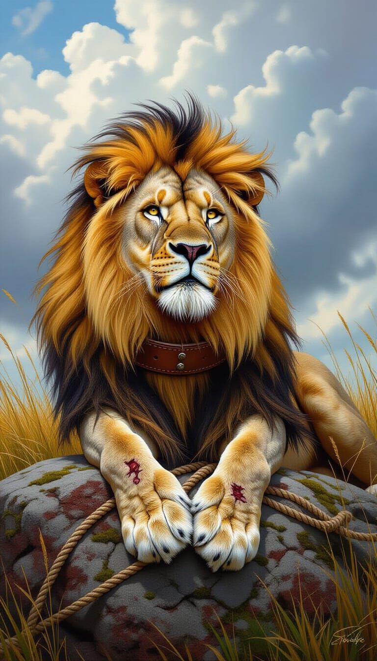 Majestic Lion Resting Under Cloudy Sky in Hyperrealism