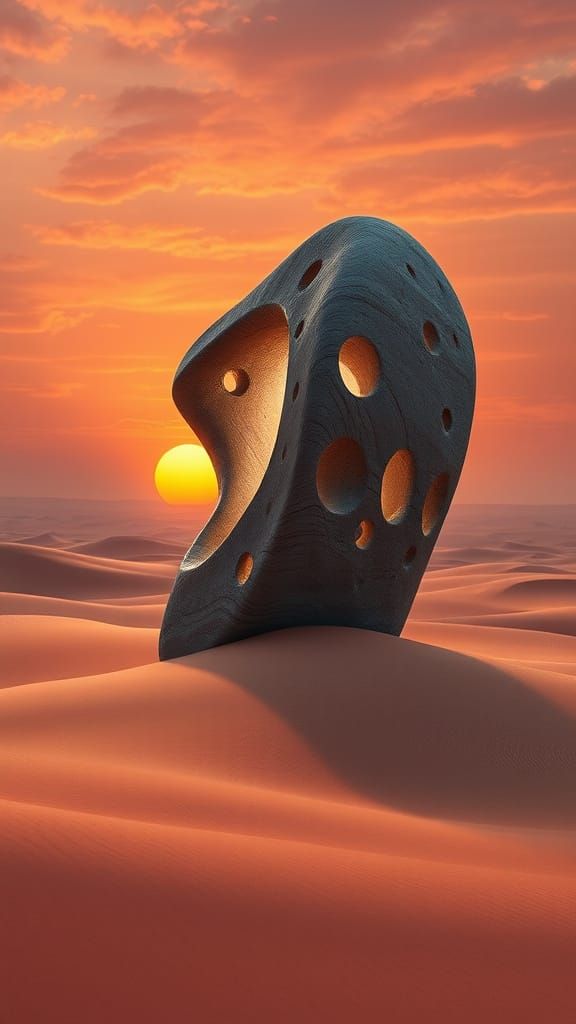 Colossal Bioluminescent Stone Monolith in Desert Sunset