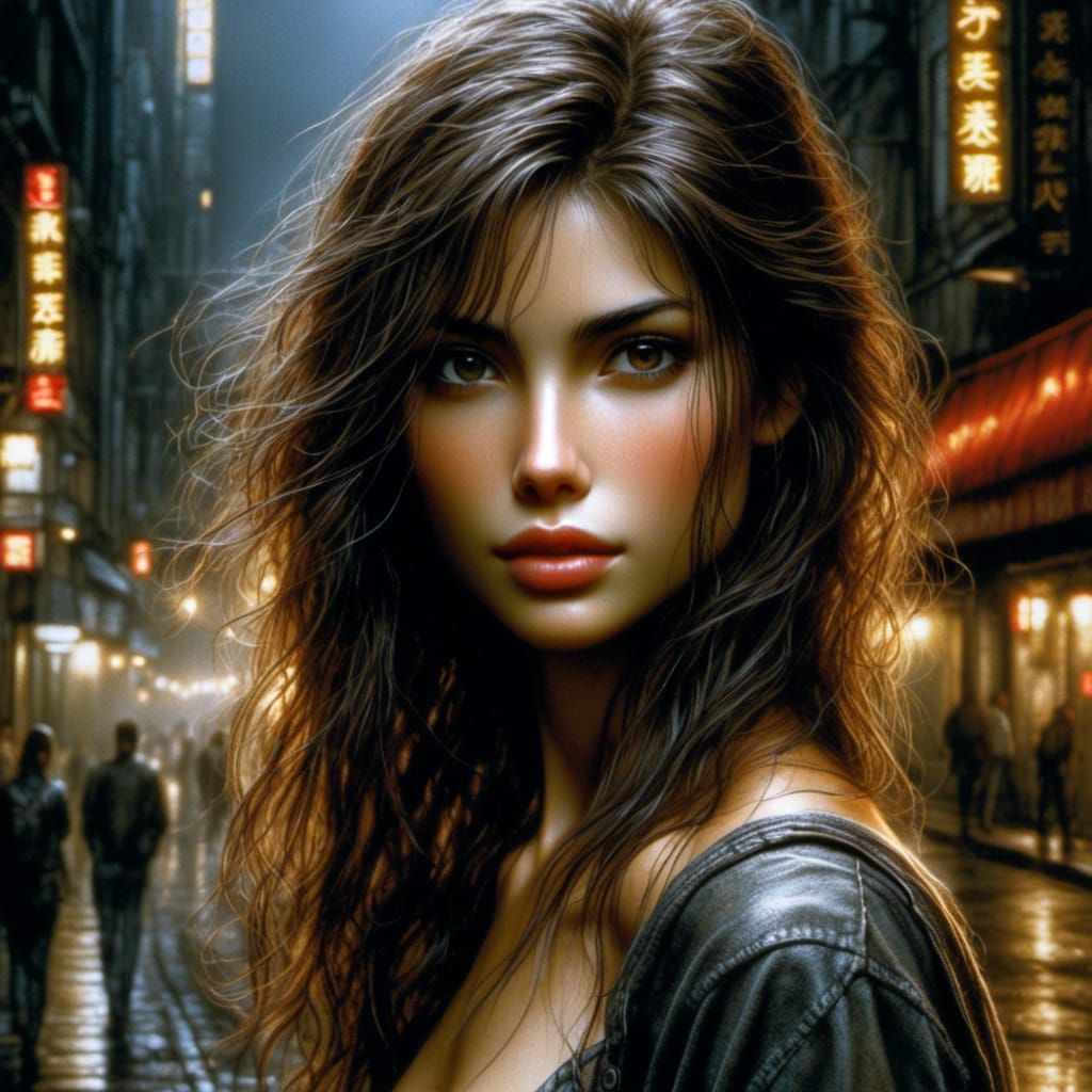 Ash-Brown Haired Woman in City Street by Luis Royo