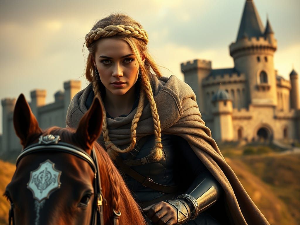 Elegant Warrior Rides Horse Downhill Toward Medieval Castle...