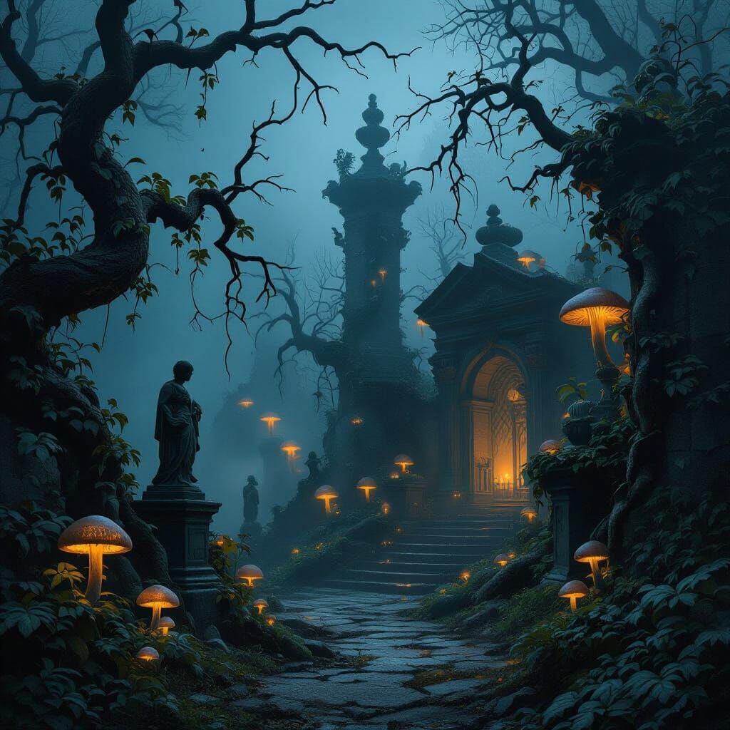 Eerie Gothic Garden at Midnight in Fantasy Style