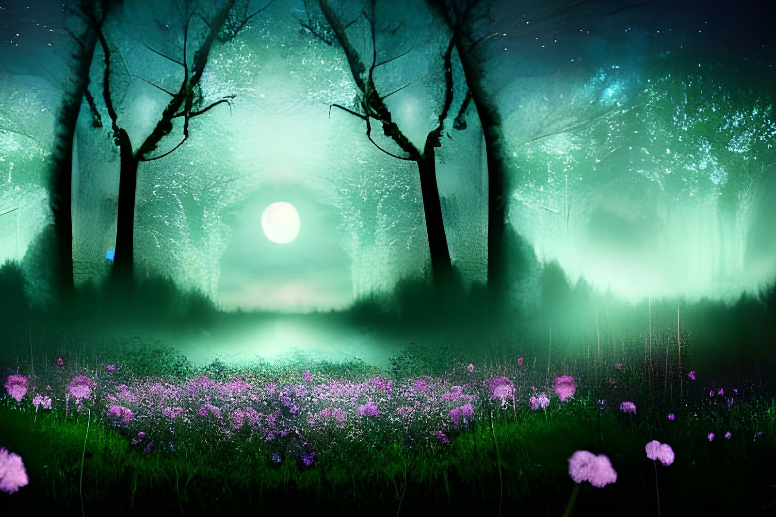 Moonlit Fairy Kingdom in Blossom Forest Nightscape