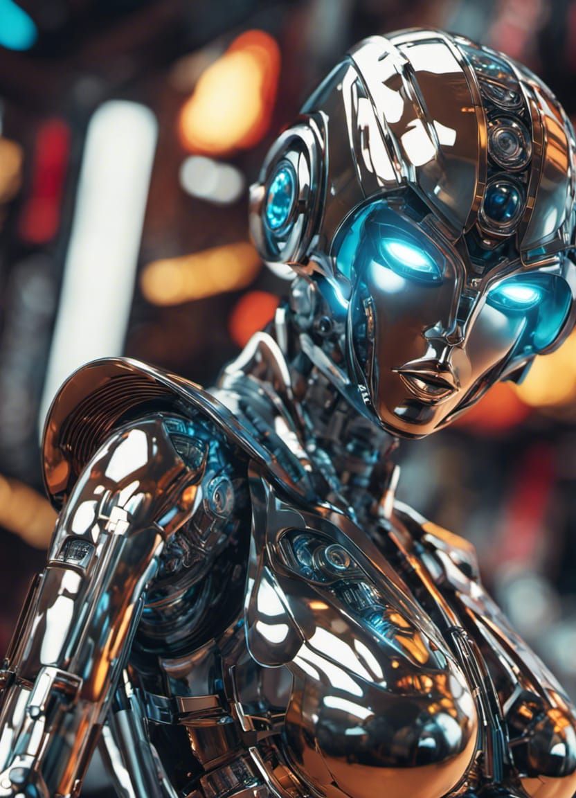 Chrome Robot Pin-Up in Retro-Futuristic Style