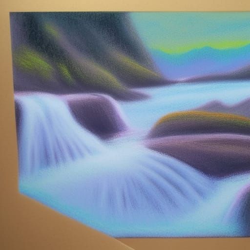 Pastel Waterfall and Mountain Landscape