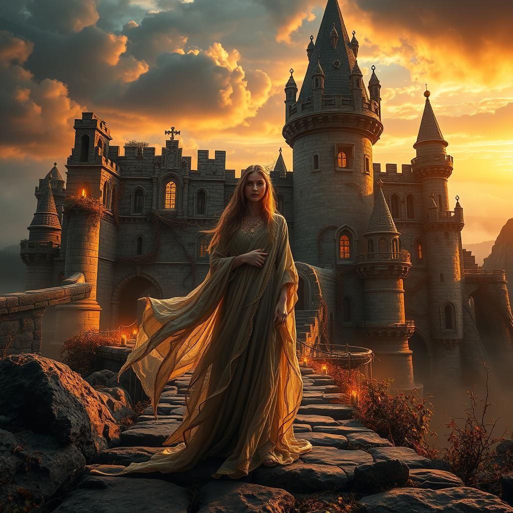 Ethereal Woman at Ancient Castle Entrance