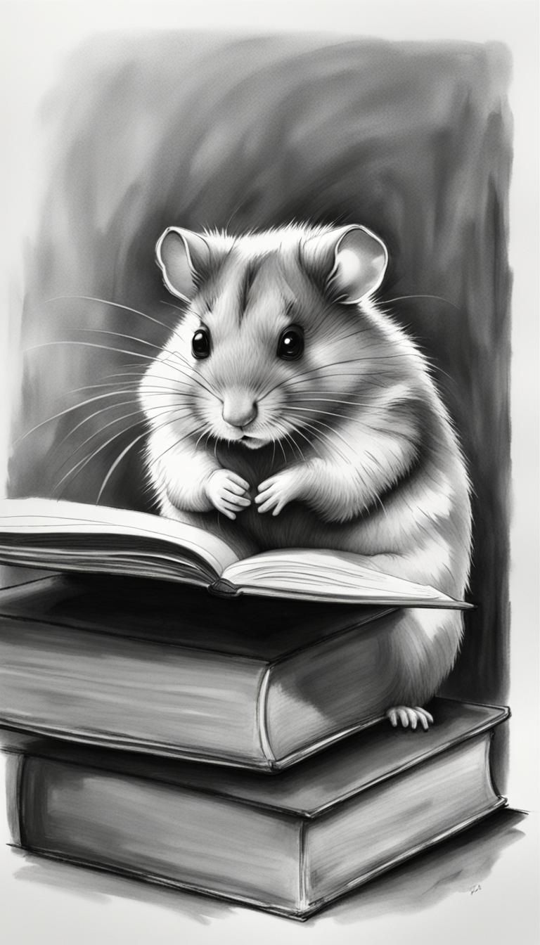 Hamster Reading Book: Minimalist Charcoal Drawing