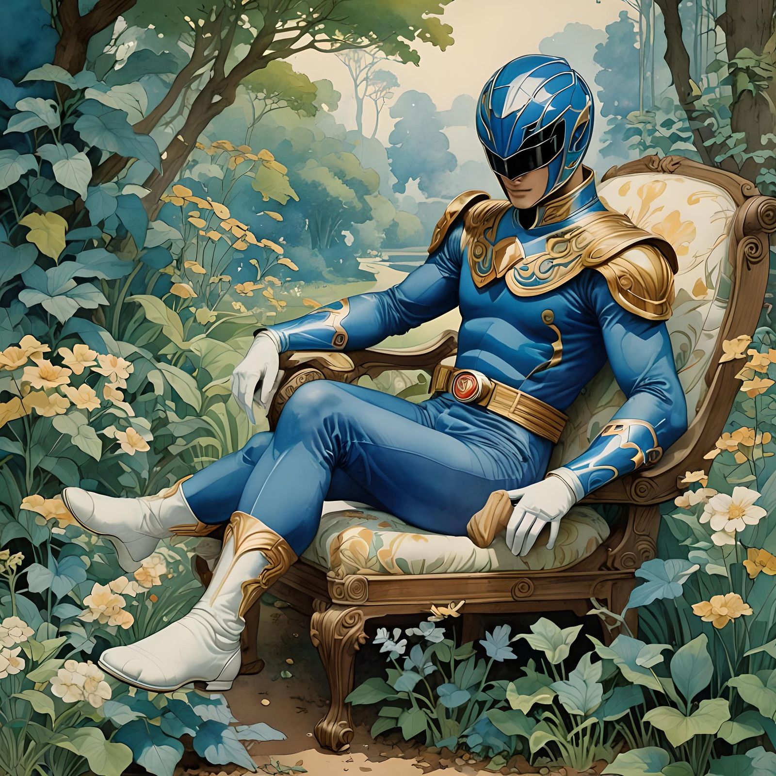 Blue Power Ranger Relaxing in Victorian Watercolor