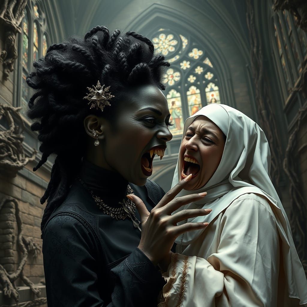 Gothic Vampire Bites Nun in Haunting Cathedral Scene