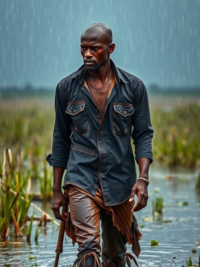 African Man Walks Through Swamp in Heavy Rain