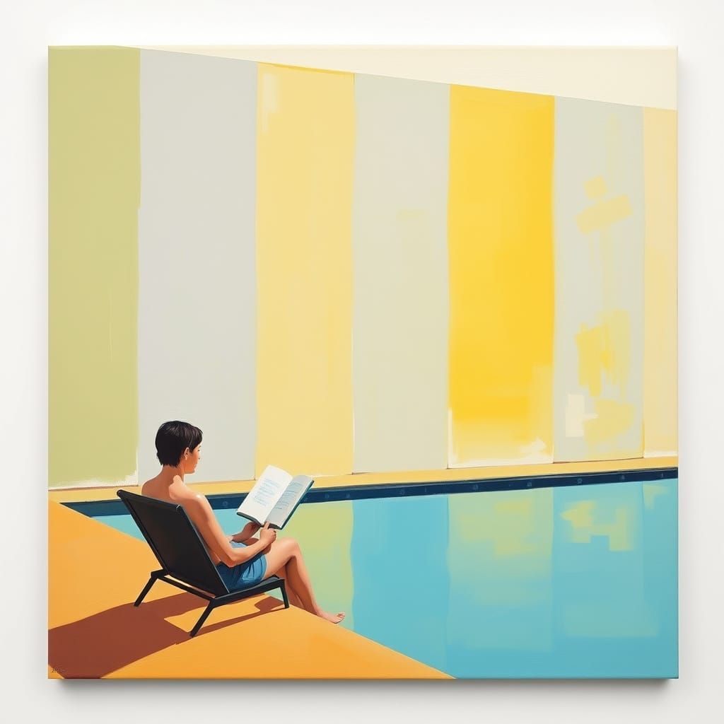 Abstract Minimalist Poolside Reading Scene in Oil