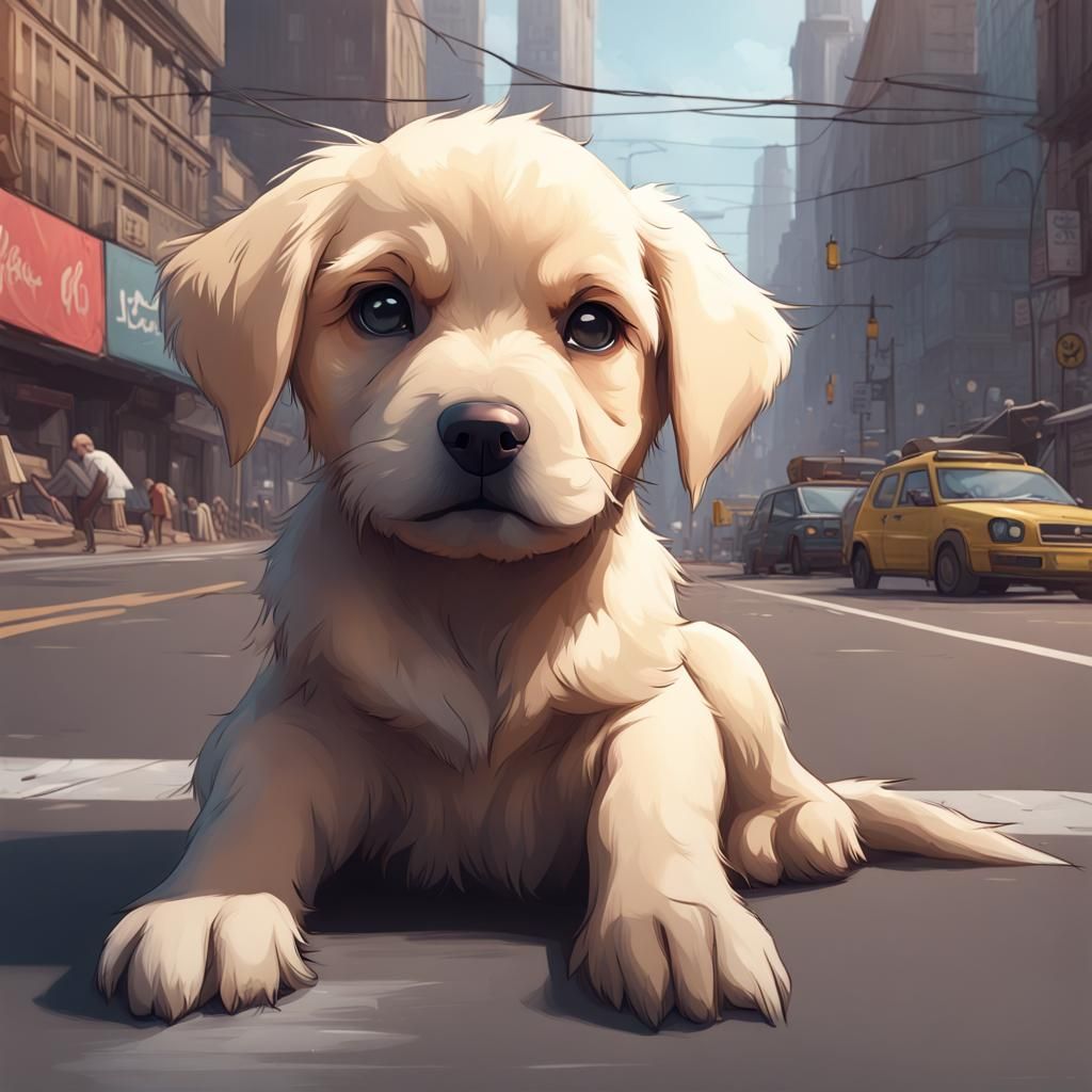 Sad Puppy Portrait in Hyperdetailed Concept Art