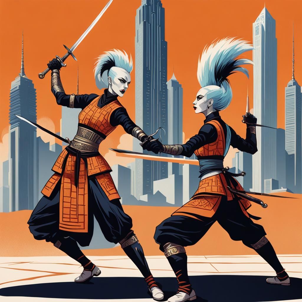 Barsoomian Women Duel in Art Deco Marsport