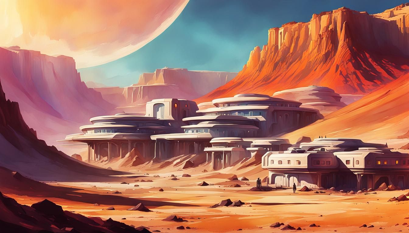 Retro-Futuristic Town in Crater: Digital Watercolor