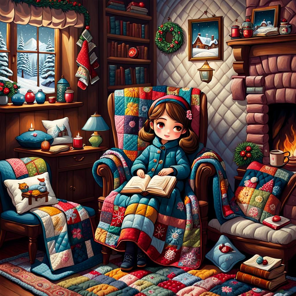 Chibi Girl in Quilted Winter Living Room