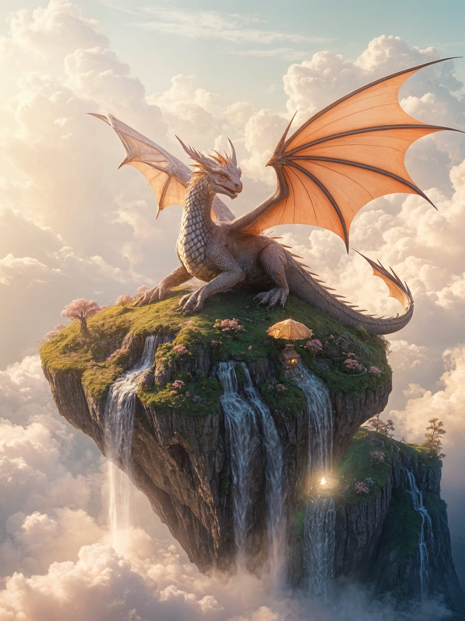 Majestic Cherry Blossom Dragon on Floating Island in Etherea...