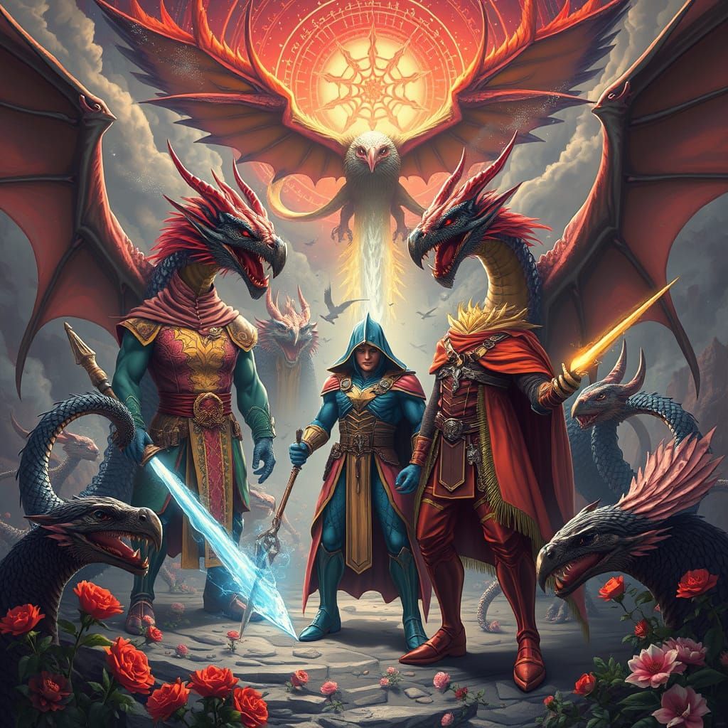 Dragons and Superheroes Protect Elysus: A Digital Painting