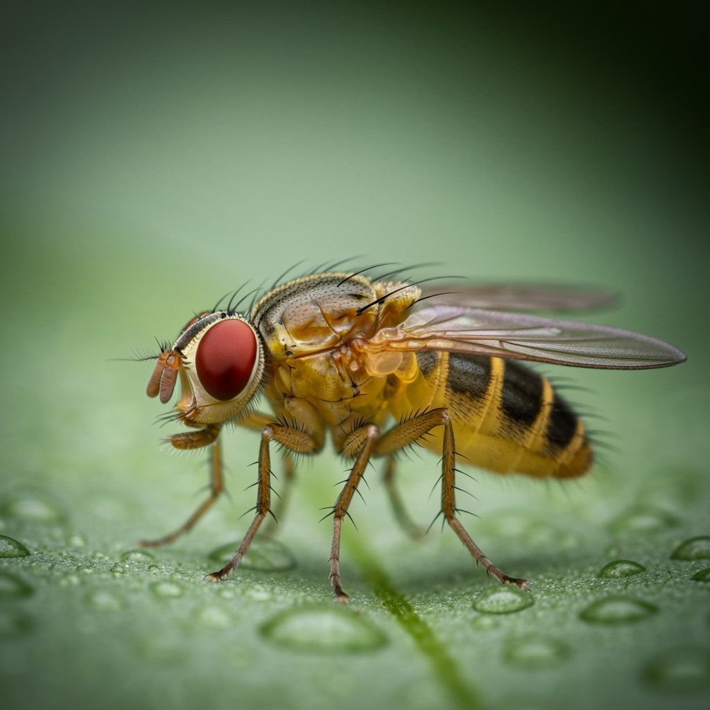 Macro Photo of Fruit Fly with Red Eyes on Leaf