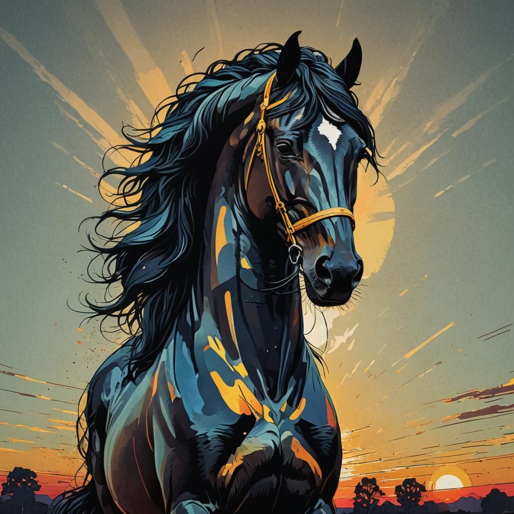 Friesian Horse Bust: Pop Art Sunset Screen Print