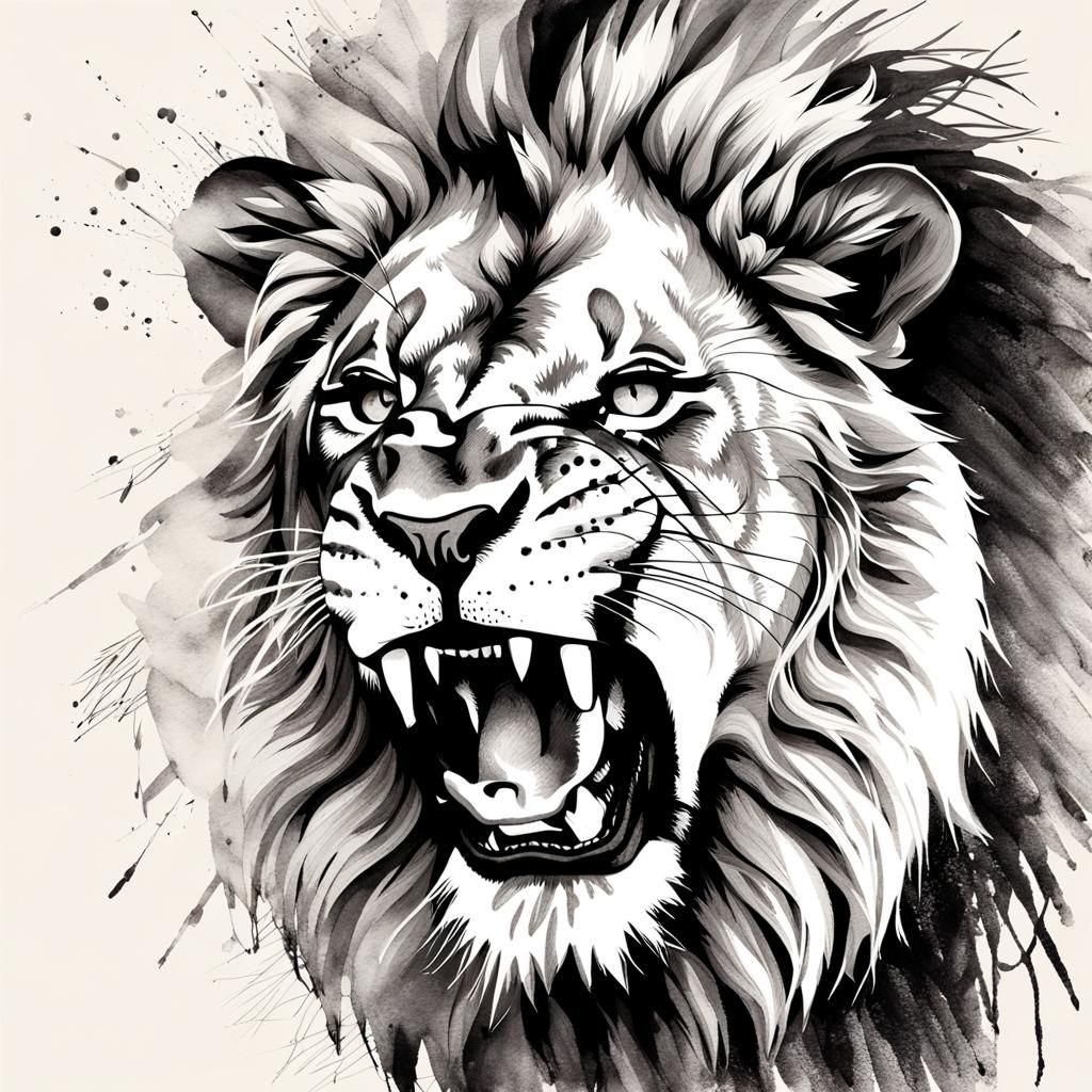 Monochrome Lion Roaring with Savanna Double Exposure