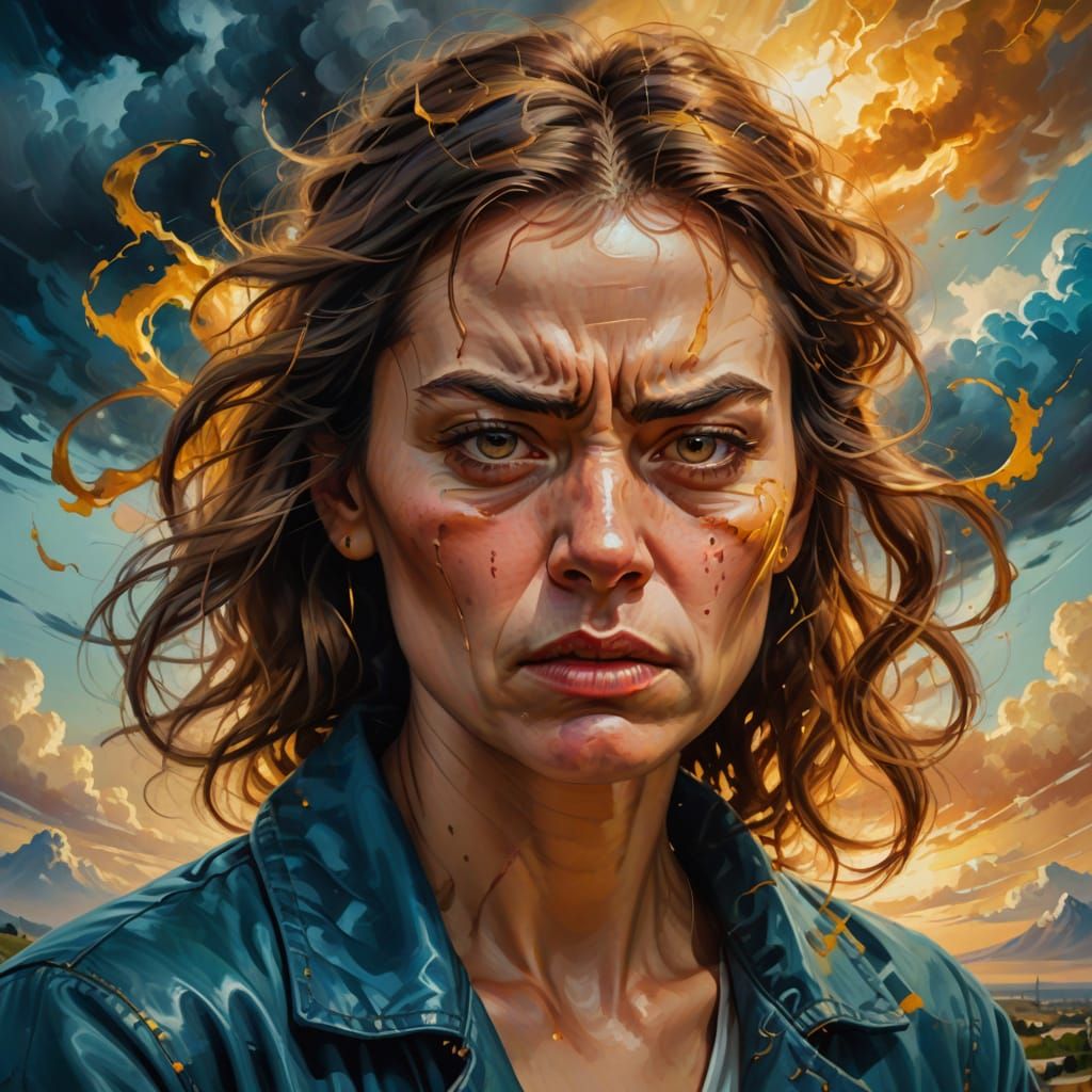 Angry Woman Portrait in Surreal Oil Painting Style