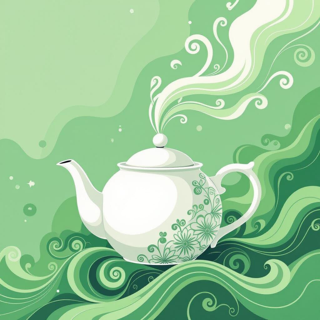 Friendly Green Tea Spirit Emerges from White Teapot