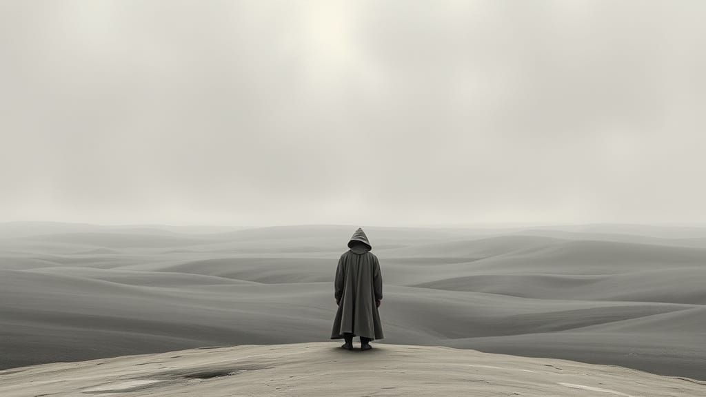 Serene Figure Amidst Endless Grey Expanse