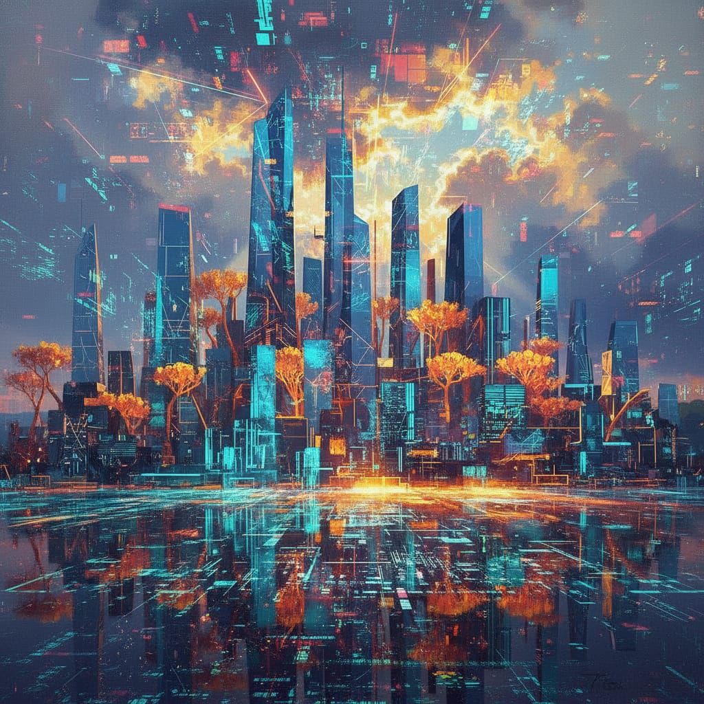 Futuristic Cityscape in Mixed Media Digital Art Style