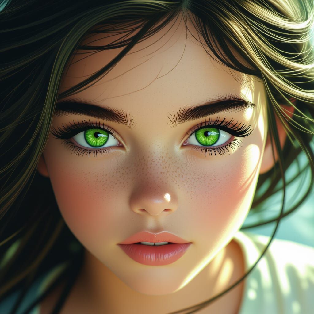 Hyperrealistic Young Girl Flying with Green Eyes
