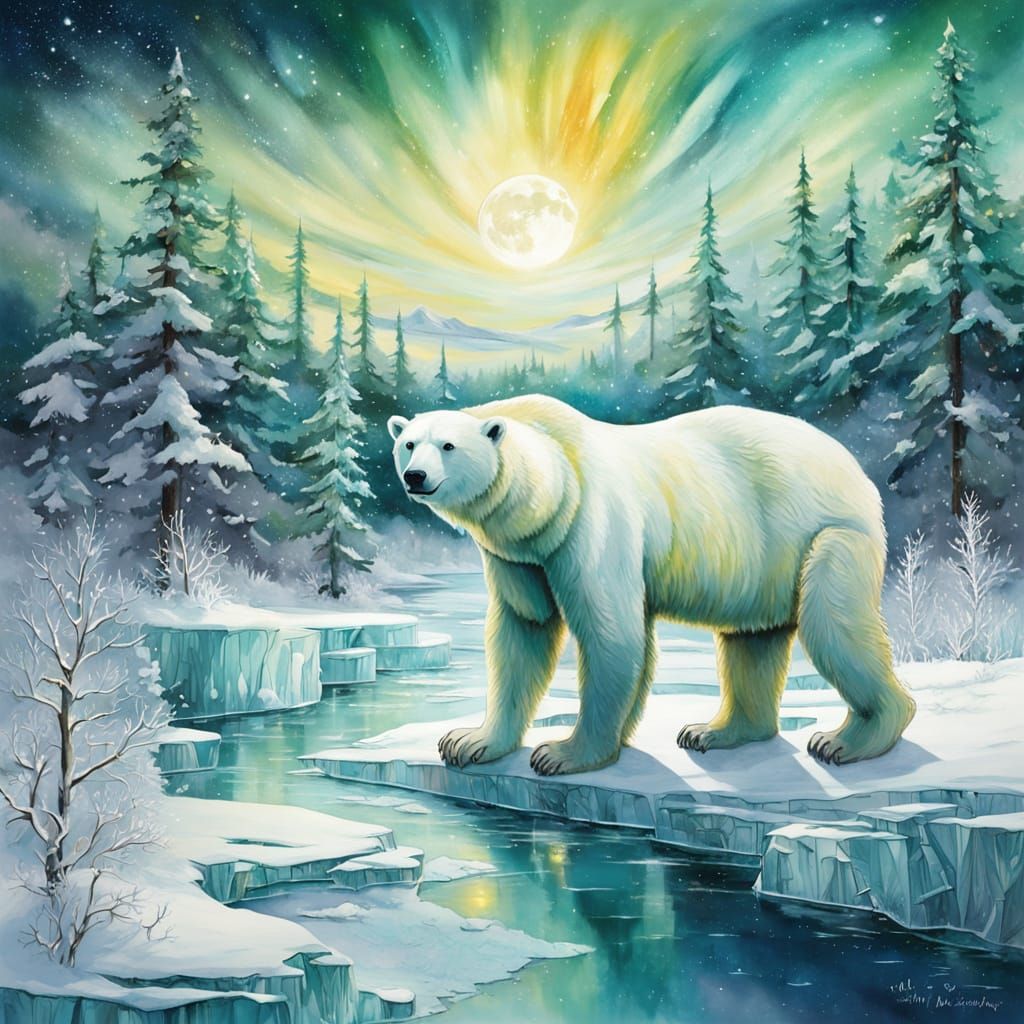 Realistic Polar Bears with Cubs in Ethereal Winter Landscape