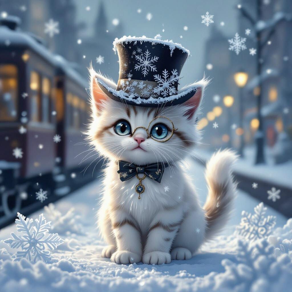 Snowflake Kitten on Frosty Platform in Storybook Style