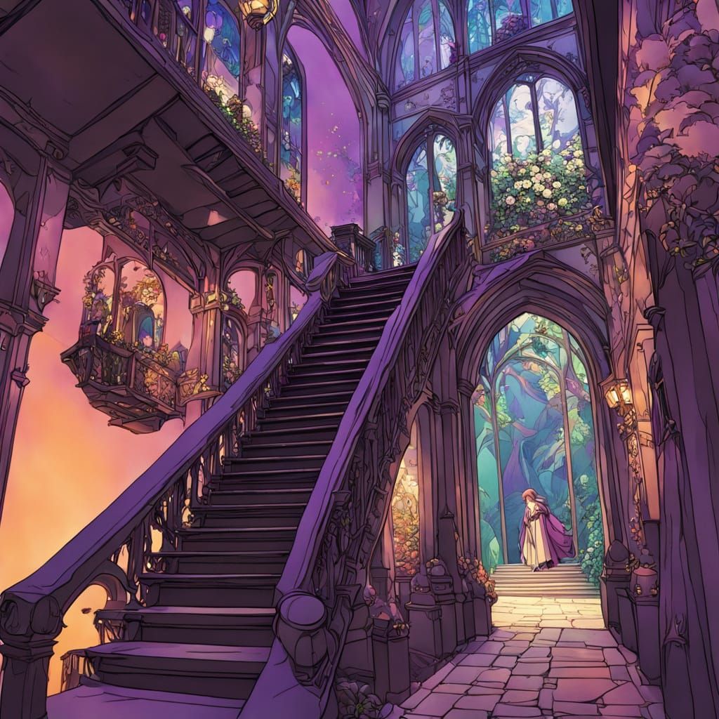 Medieval Boy Descends Stairs in Vibrant Colors