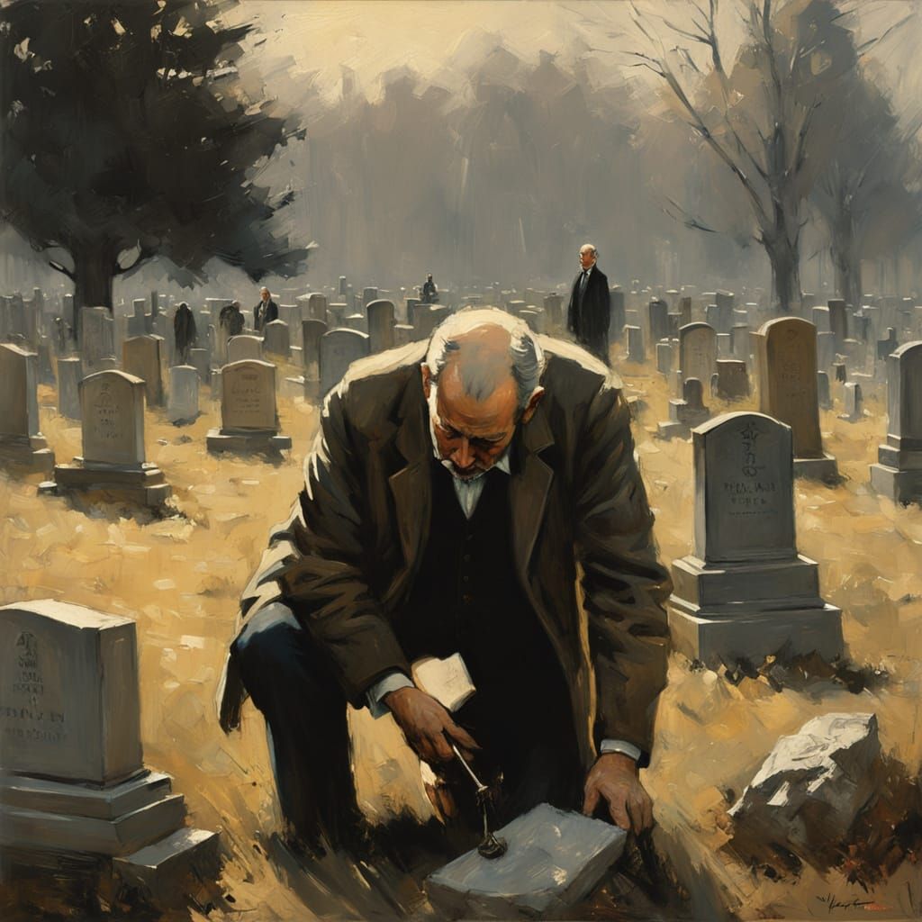 Grieving Father Buries Son: Somber Realist Painting