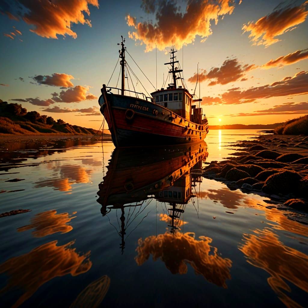 Retro Sunset on Abandoned Fishing Trawler