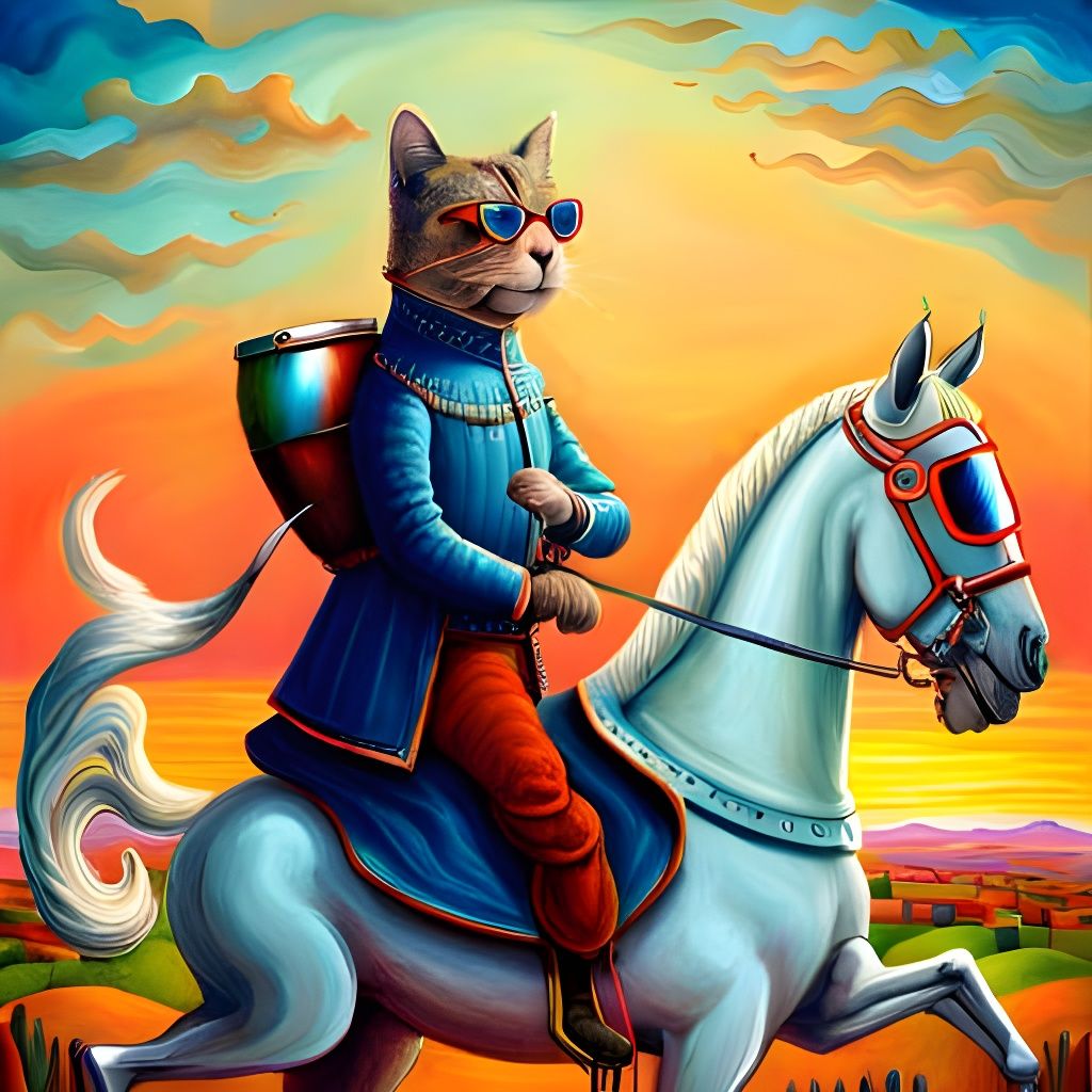 Cat Knight Rides Horse in Pietro Annigoni Style