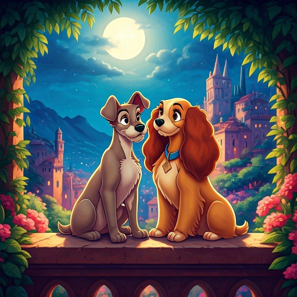 Romantic Italian Watercolour Painting of Two Dogs in Love