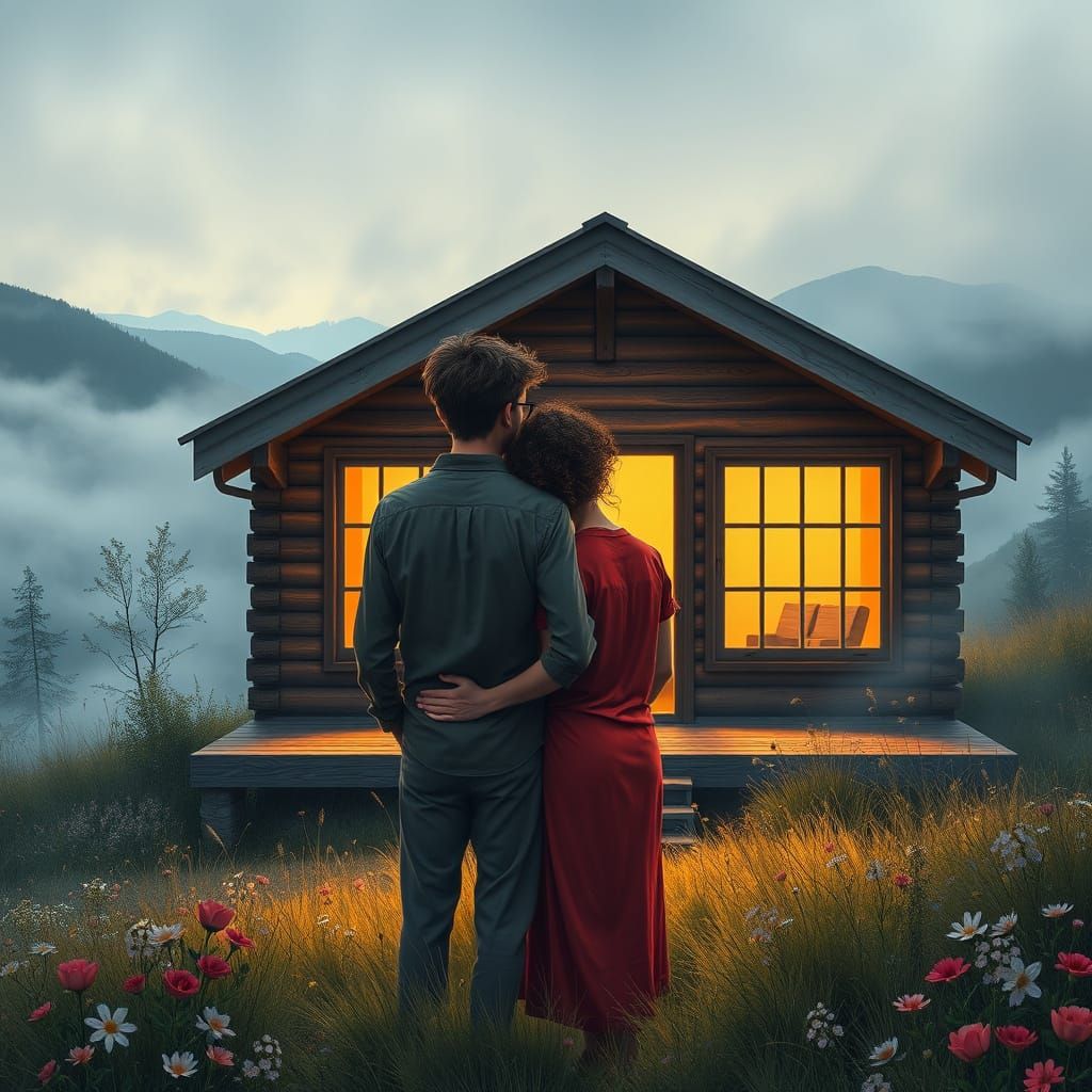 Cozy Cabin Scene with Couple, Inspired by Doré