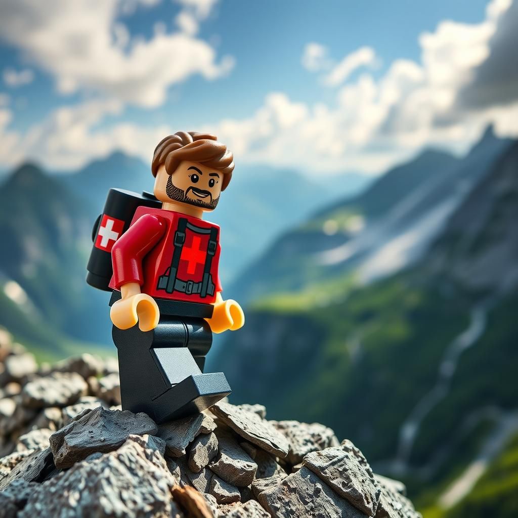 Swiss Man Minifigure Climbing a Mountain