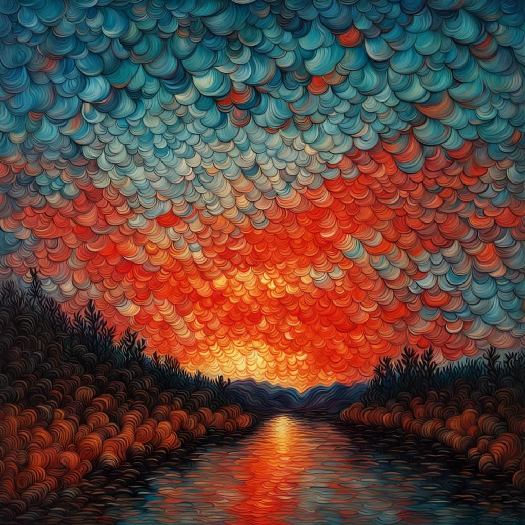 Red Night Sky through Cracked Glass: Van Gogh Style