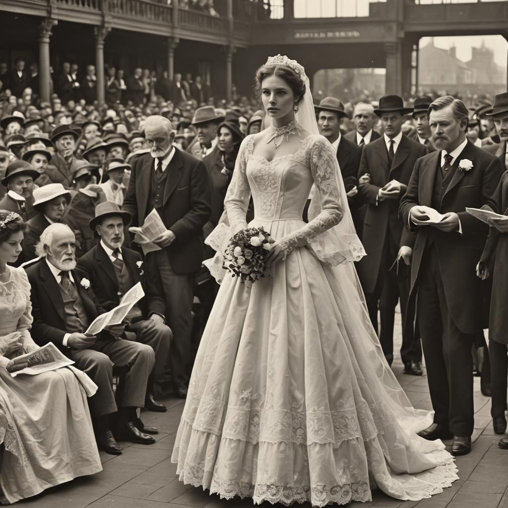 Woman on Catwalk in Tea-Length Wedding Dress