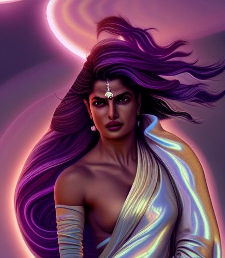 lumen global illumination, Beautiful brown skinned Jedi priyanka chopra, windy white iridescent hair, in long elegant tw...