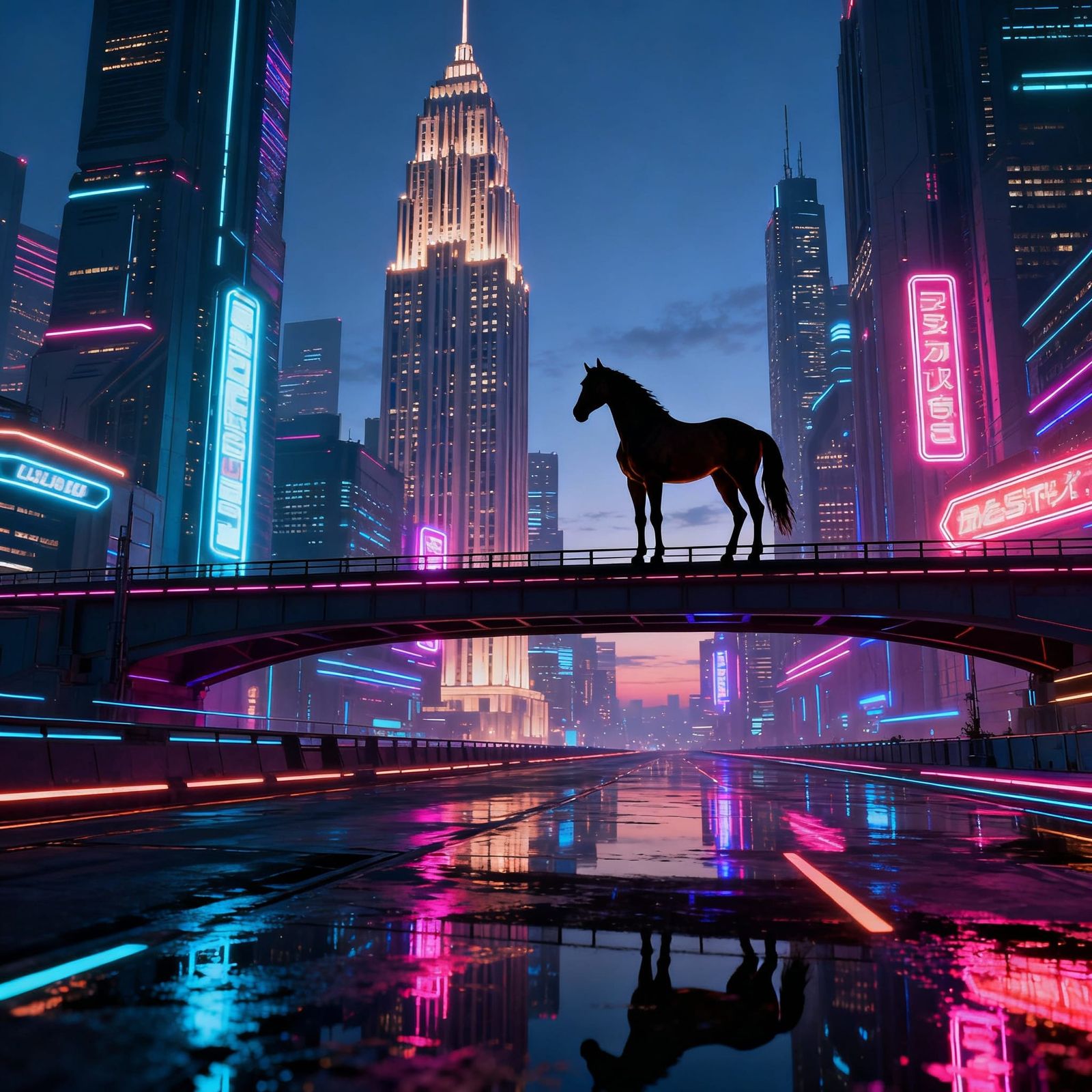 Futuristic Art Deco Cityscape with Horse at Dusk