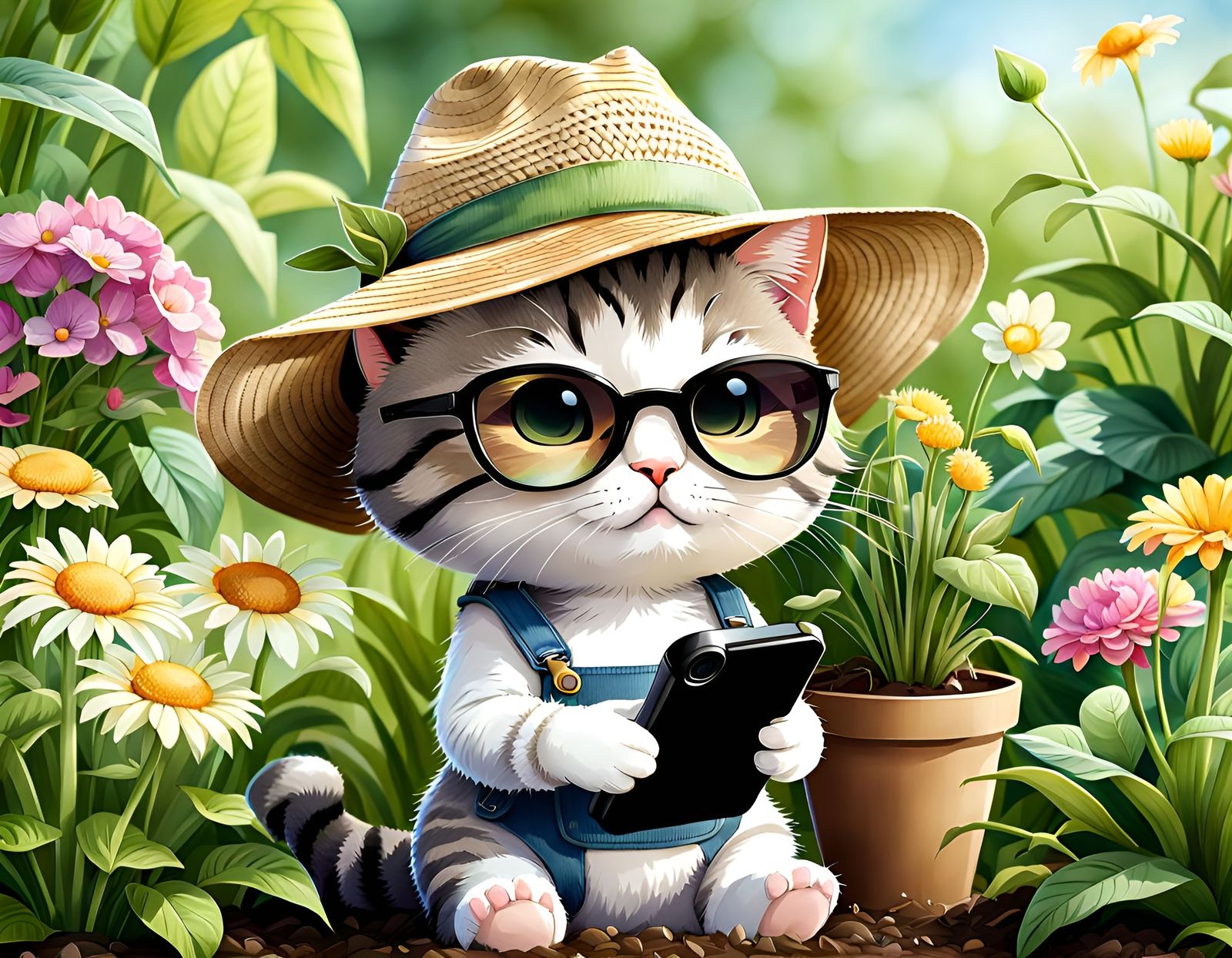 Charming Chibi Cat Gardener on Mobile Phone