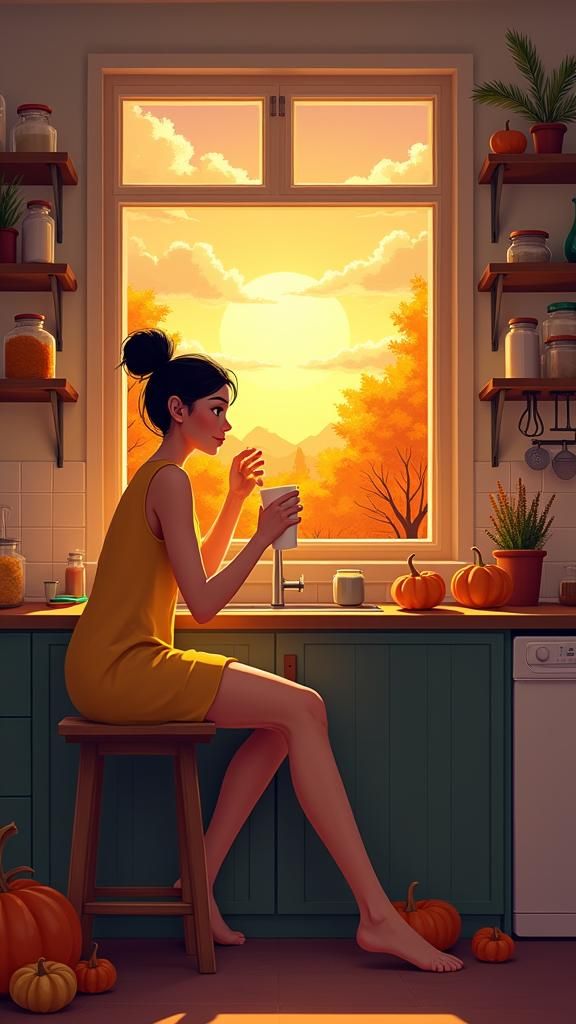 Cozy Kitchen Scene at Sunset: A Digital Illustration