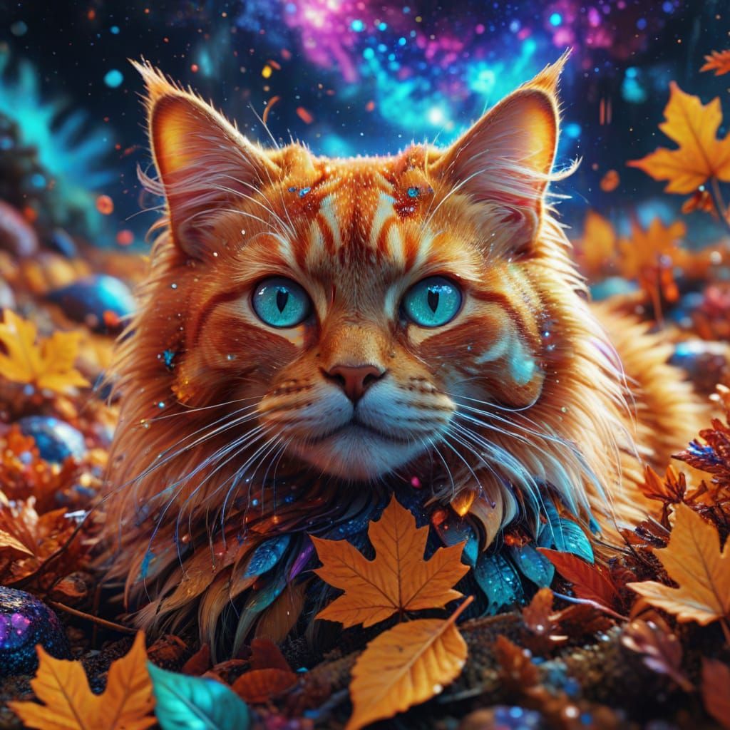 Ginger Cat in Autumn Leaves Cosmic Illustration