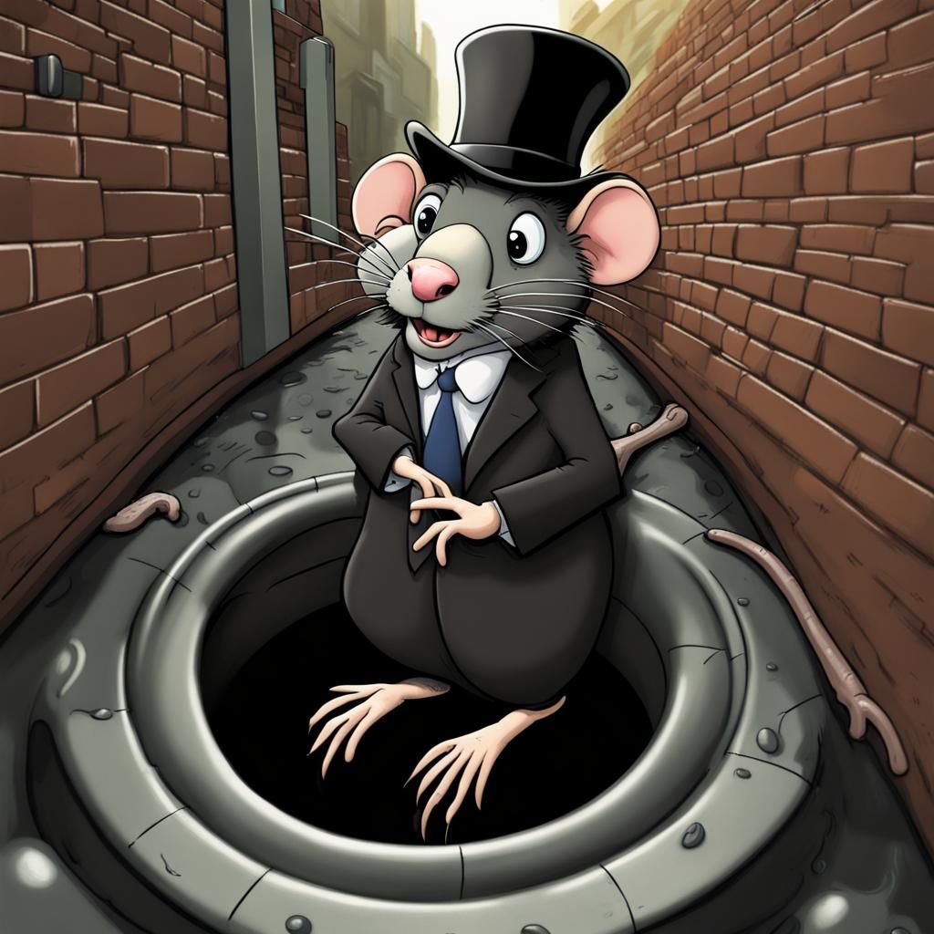 Cartoon Rabbi Rat Emerges from Sewer, CGI Style