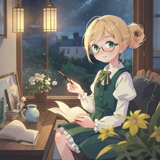 girl, blonde updo hair, green eyes, round glasses, dress, pu...