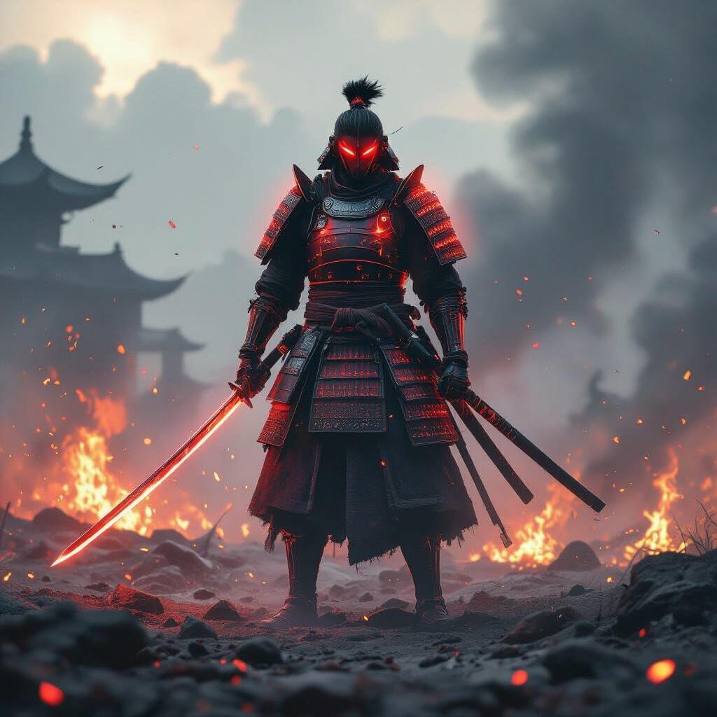 Samurai Warrior in Burning Battlefield, Hyperrealistic Rende...