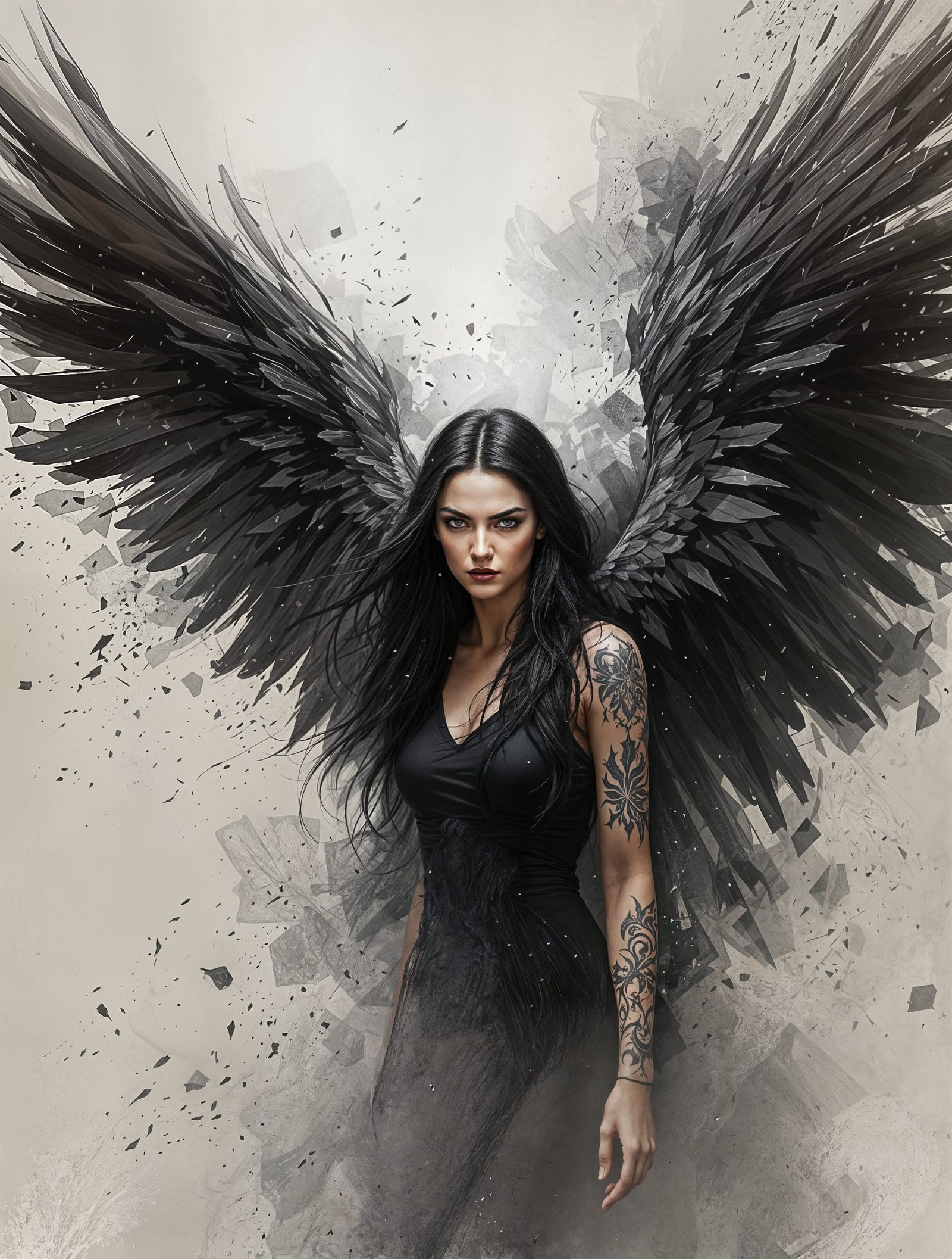 Atmospheric Portrait of a Woman with Dark Textured Wings