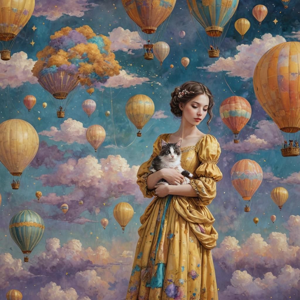 Girl With Kitten in Dreamy Klimt Landscape