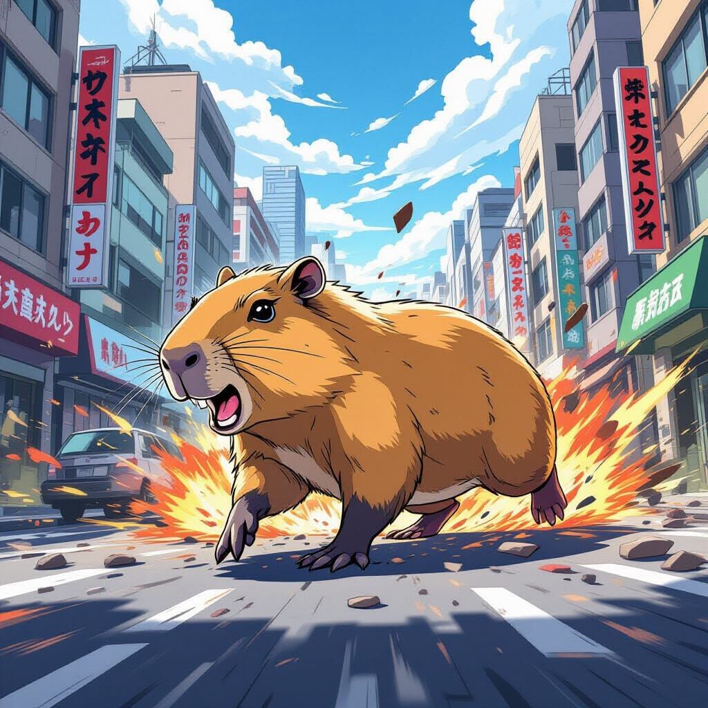Rampaging Capybara in Cityscape Anime Style
